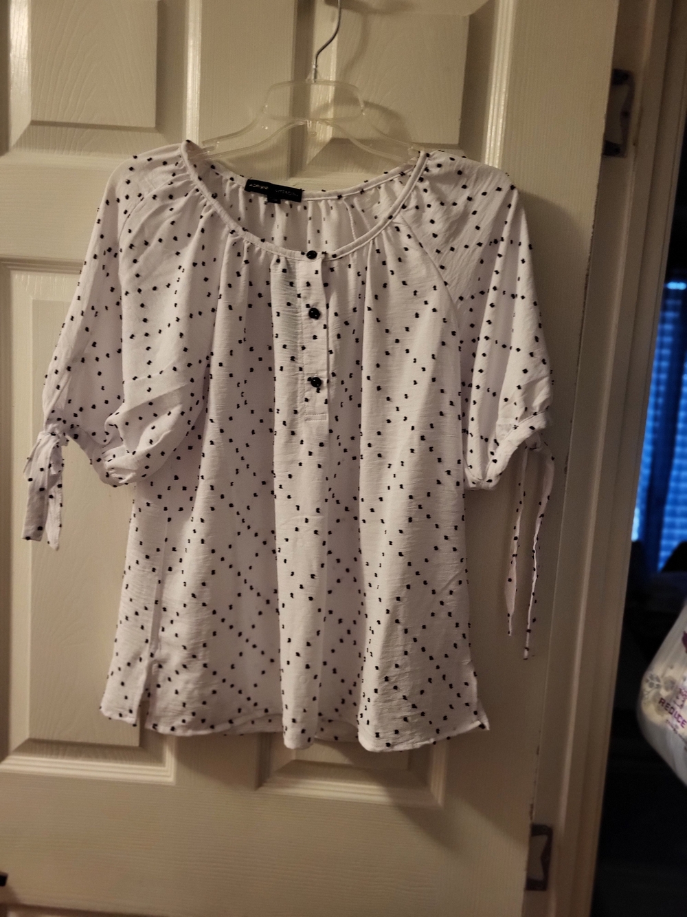 Adrienne Vittadini New White Peasant Top with Black Polka Dots